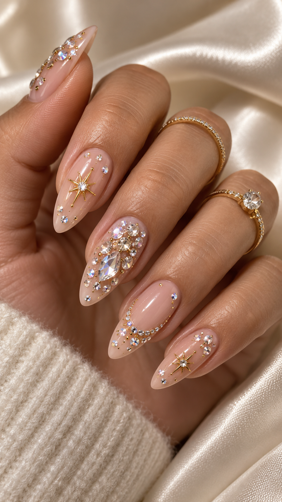 Nude birthday nails with champagne-gold shimmer and delicate metallic accents