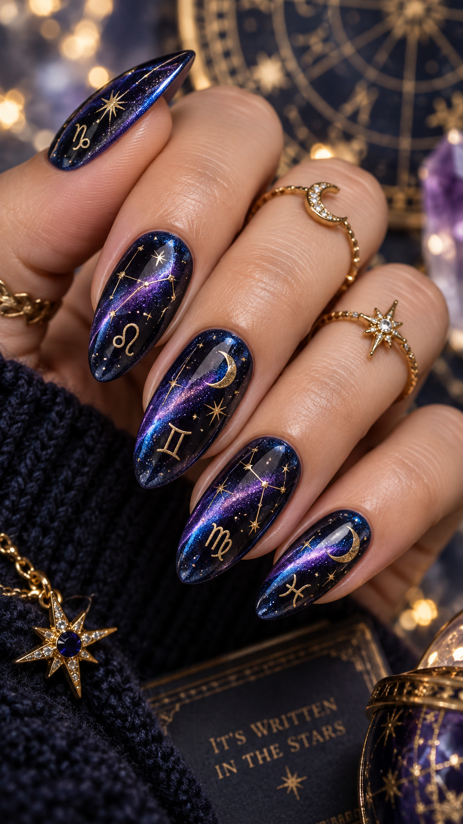 Magnetic cat-eye birthday nails with celestial stars and zodiac-inspired details