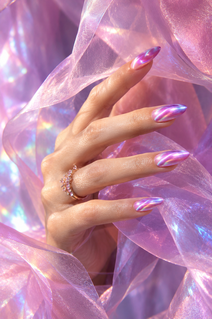 Pink and purple cat eye nails with iridescent aurora reflections