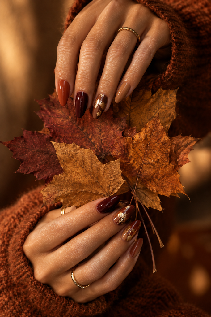 Autumn acrylic nails in burnt orange, burgundy, chocolate brown, and gold leaf details.