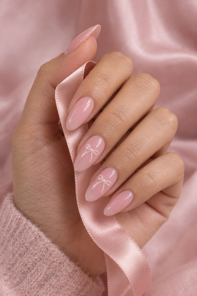 Glossy pale pink almond nails with small white bow designs.