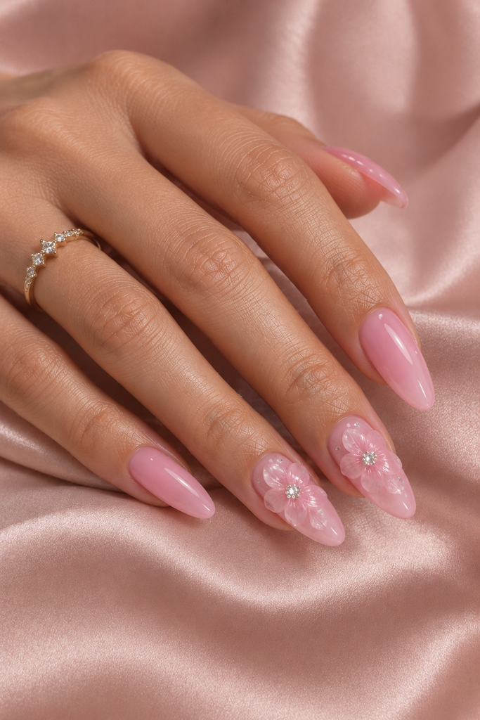 Long translucent pink nails with raised three-dimensional pink gel flowers.
