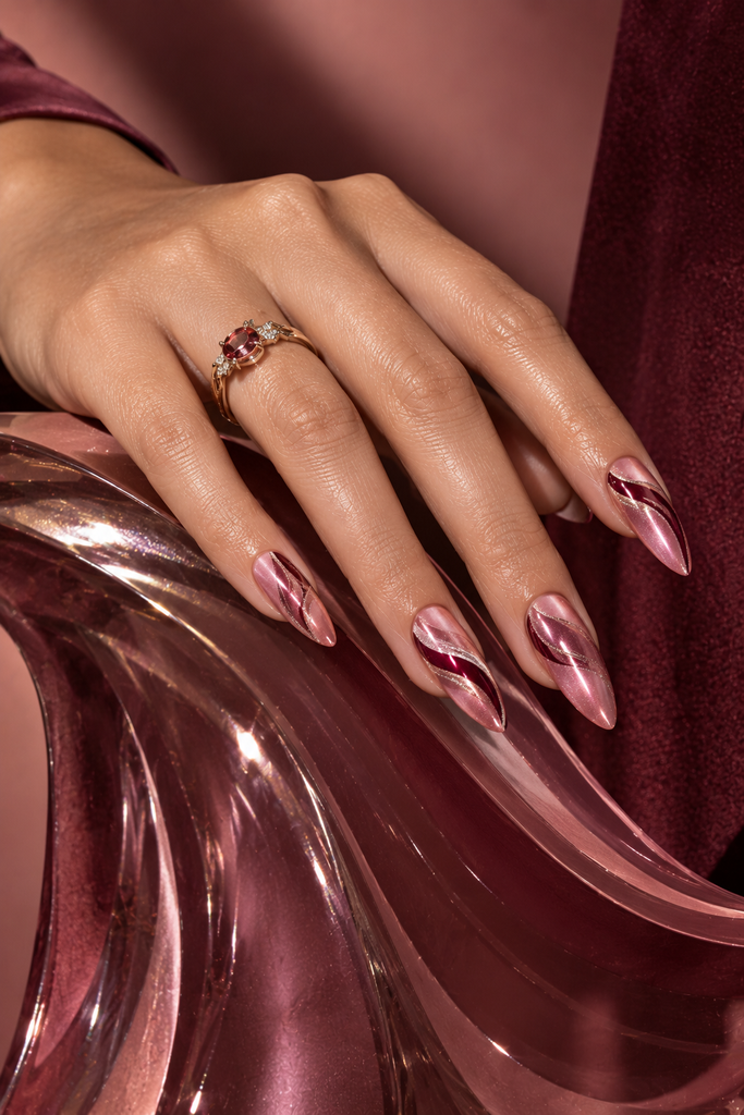 Rose-pink cat eye nails with burgundy swirls and champagne accents