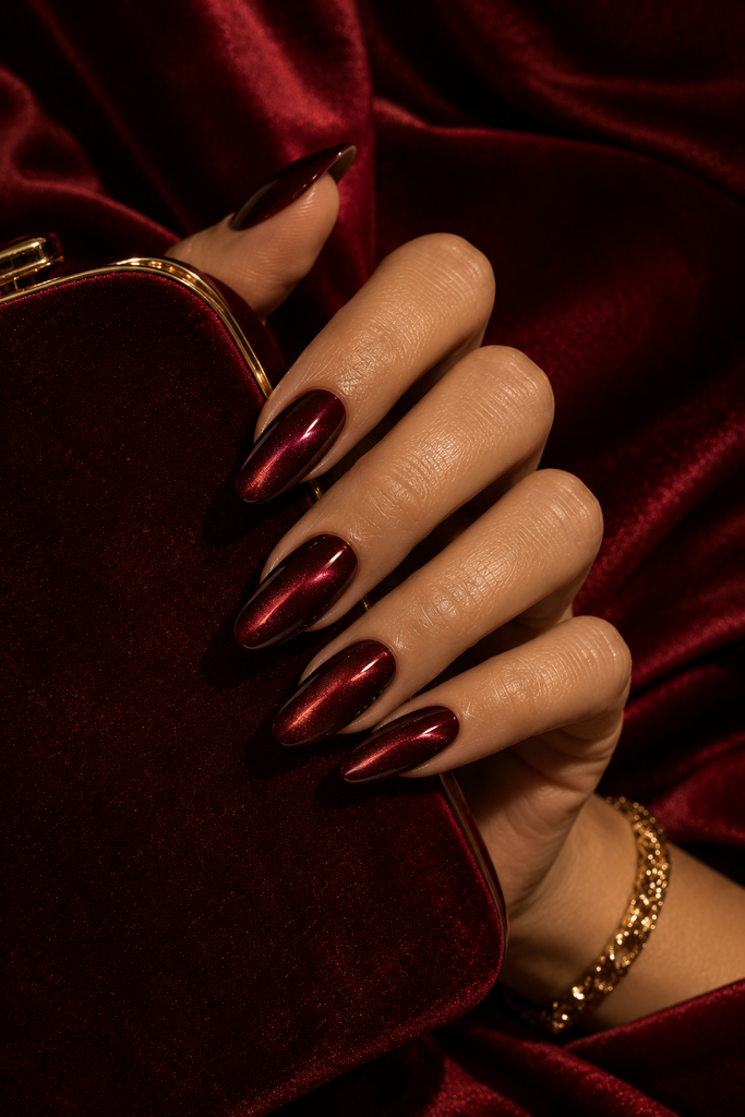 Deep burgundy cat eye nails with luminous ruby-red reflections