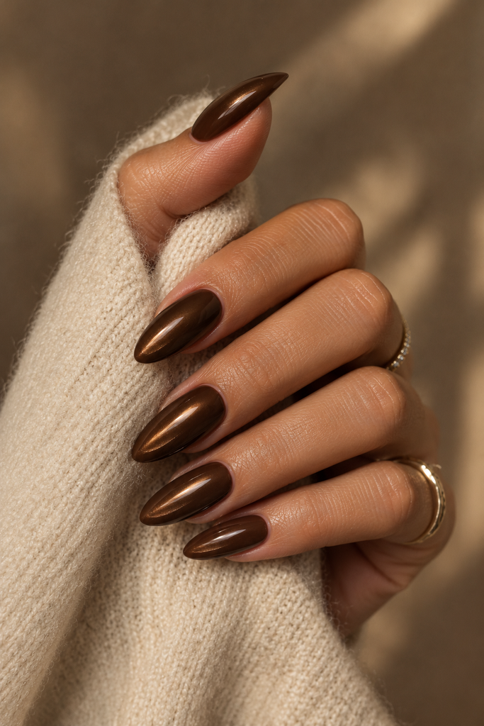 Chocolate brown almond acrylic nails with bronze reflections against ivory cashmere.