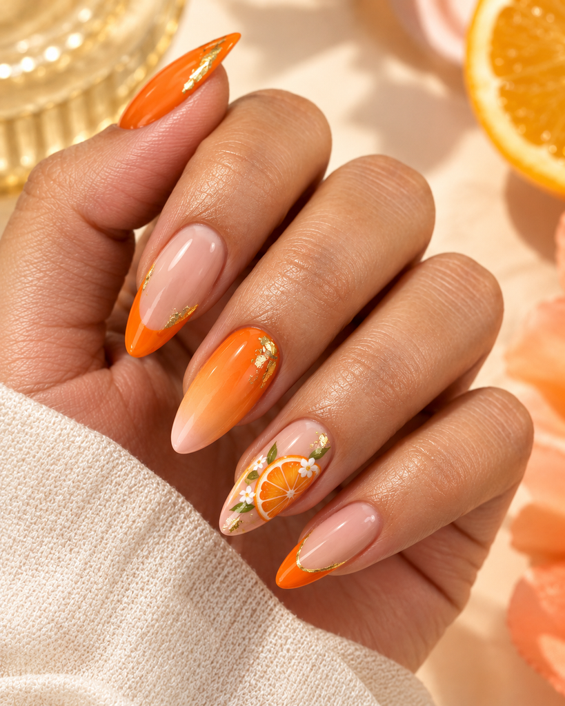 Vibrant orange birthday nails with a glossy, statement-making finish