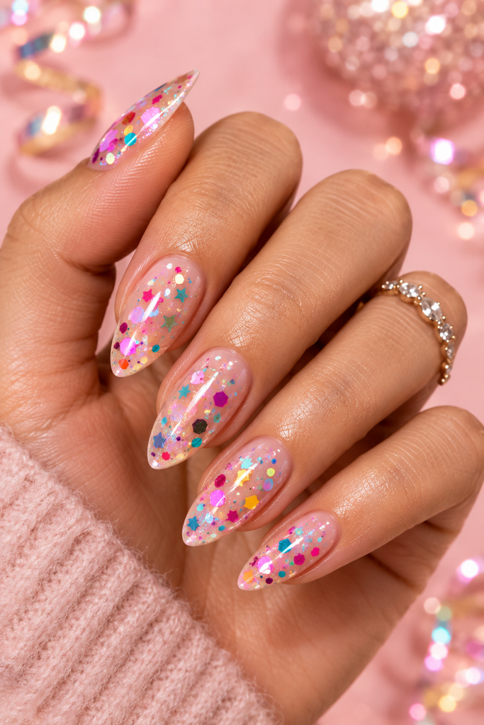 Birthday nails with multicolored confetti flakes over a pink or milky base