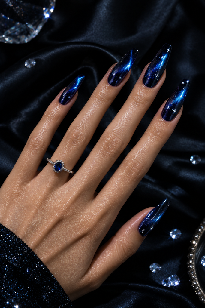 Nude pink cat eye nails with soft rose-gold magnetic highlights