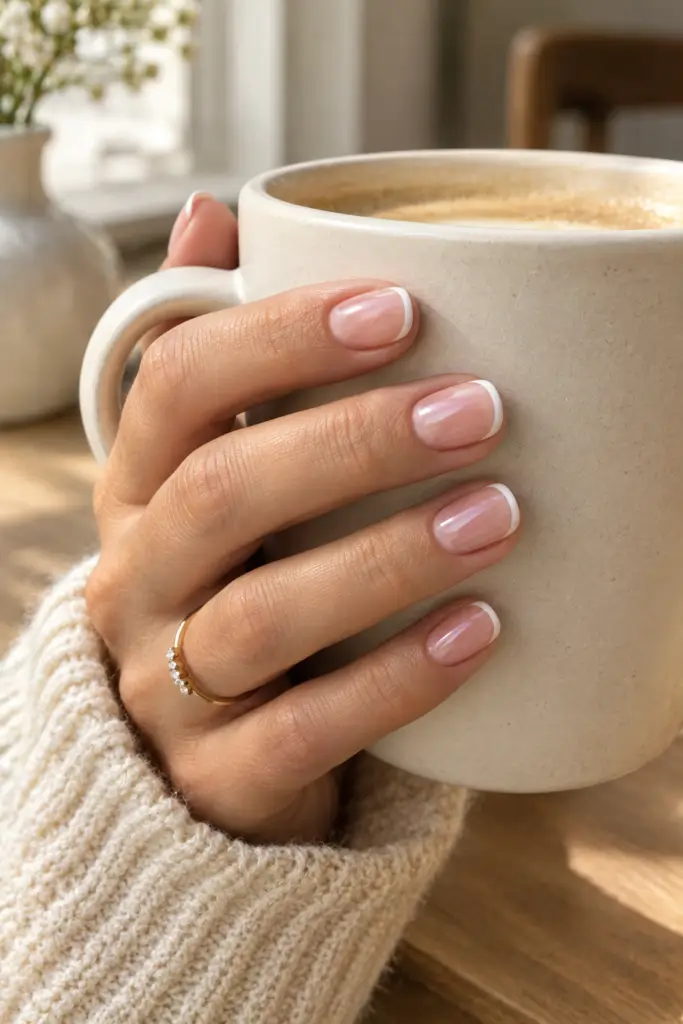 Short Korean micro-French nails with a sheer pink base and thin white tips.