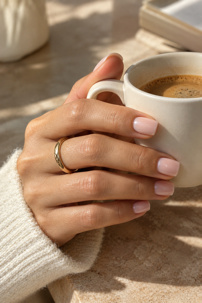 Short square acrylic nails in glossy pale pink while holding a white espresso cup.