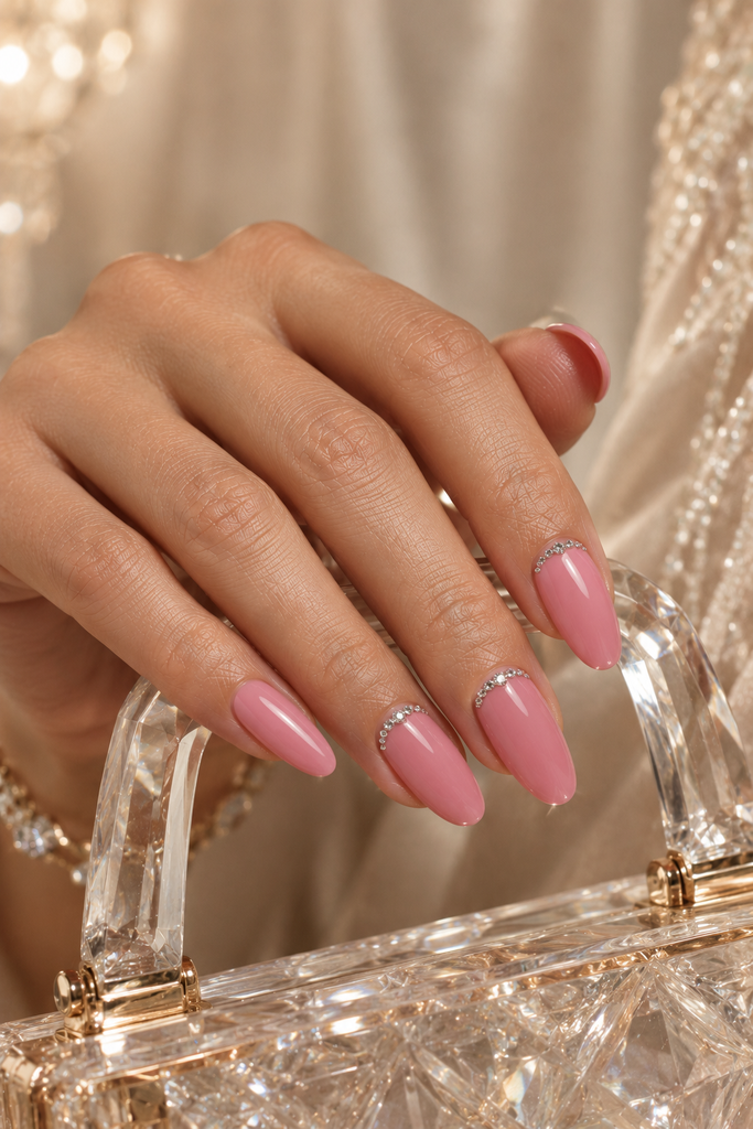 Long rose-pink almond nails with small clear rhinestones near the cuticles.