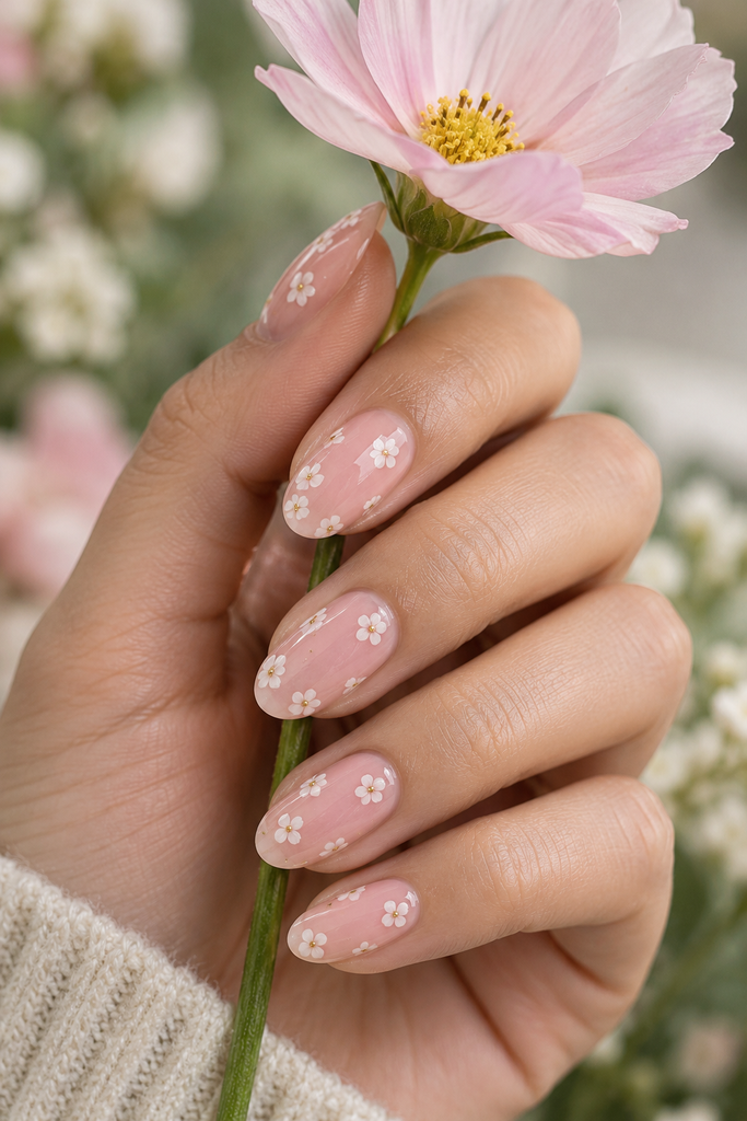 Sheer blush pink oval nails with delicate white flowers and golden centers