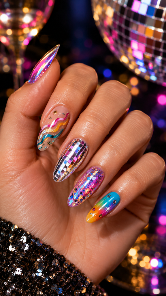 Colorful rainbow disco nails with reflective glitter and holographic finishes
