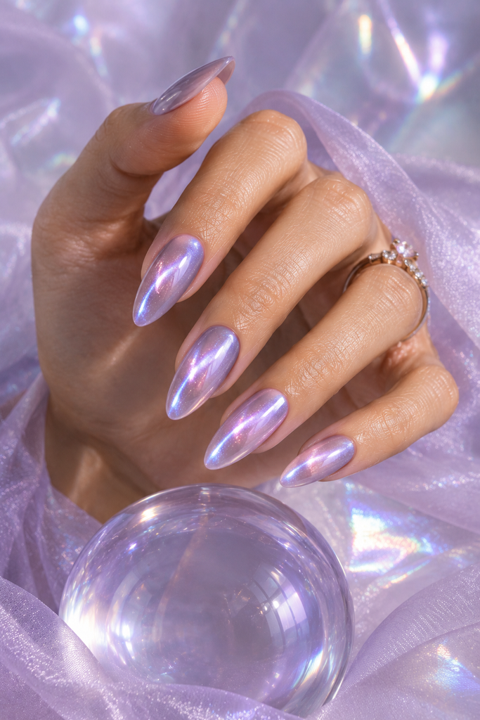 Lavender cat eye nails with pink and icy-blue holographic shimmer