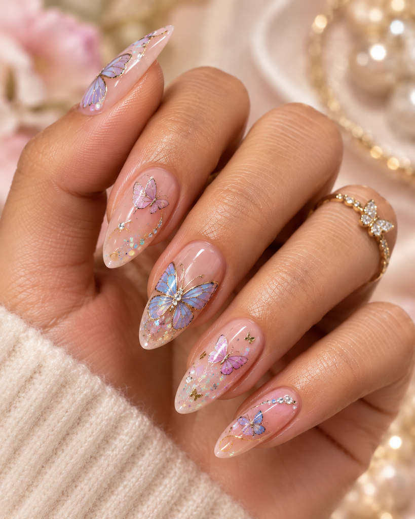 Delicate birthday nails decorated with pastel butterfly nail art