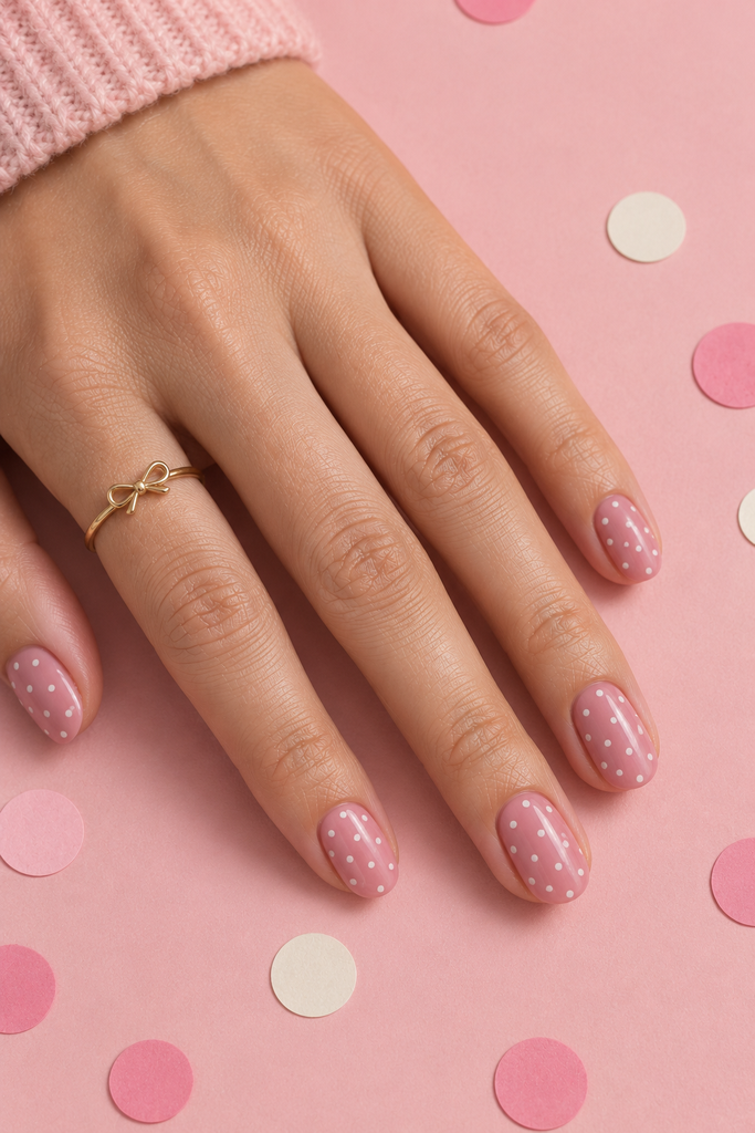 Short dusty pink oval nails decorated with small white polka dots.