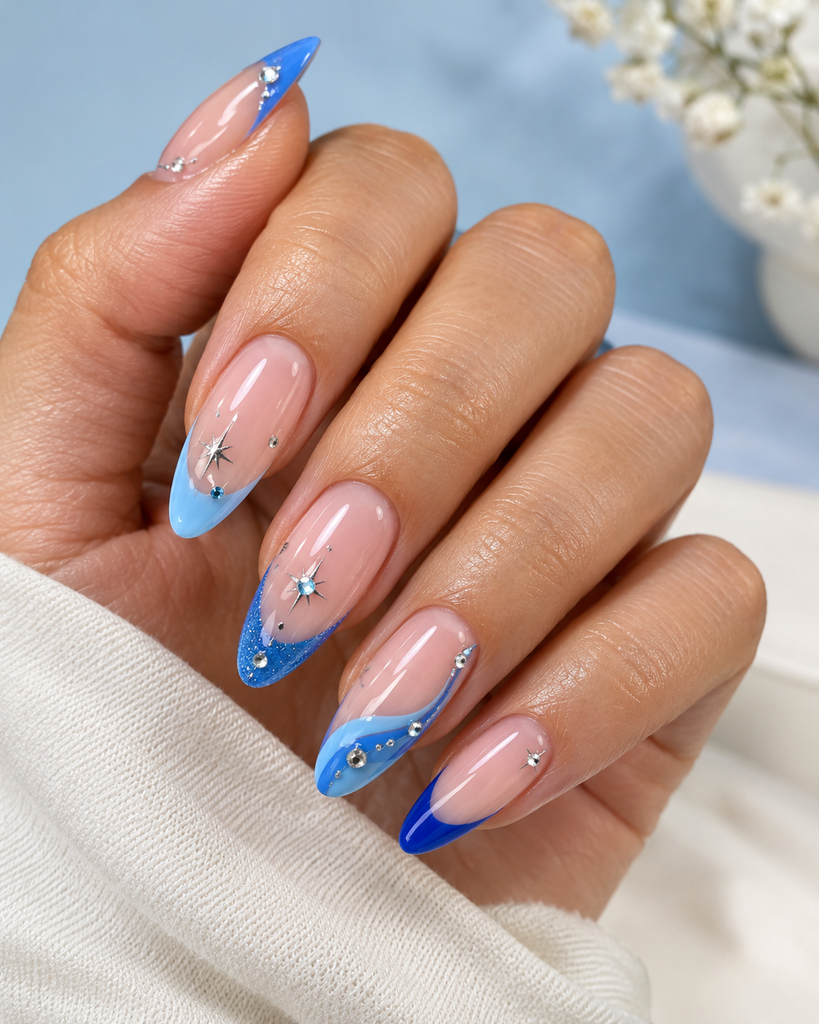 nail Blue French tip birthday nails with delicate sparkling accents