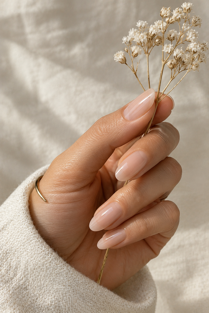 Sheer pink-beige oval acrylic nails holding a delicate white flower.