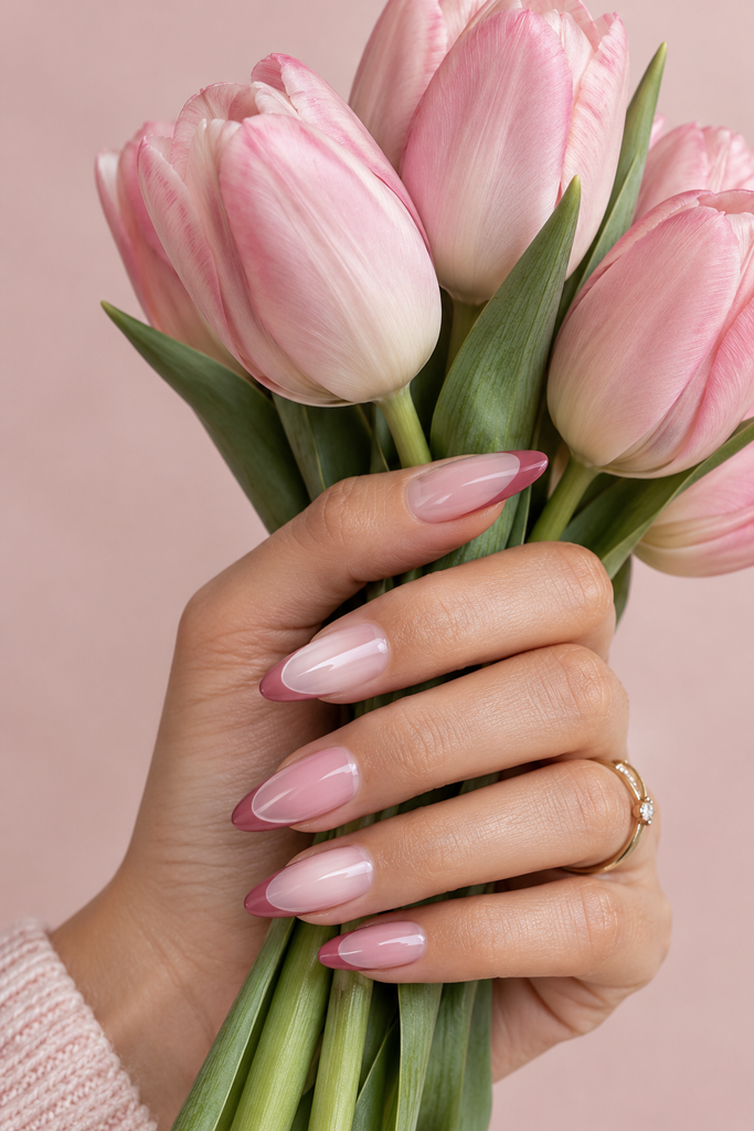 Pink French tip almond acrylic nails holding a bouquet of pale pink tulips.