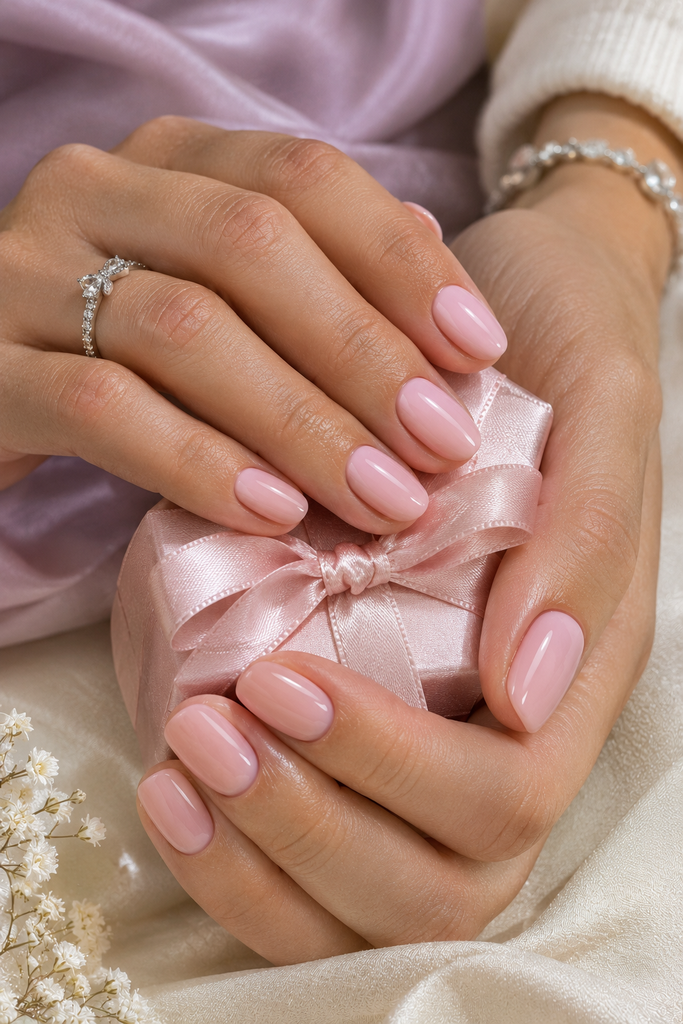 Short oval nails painted creamy pastel pink with a glossy finish.