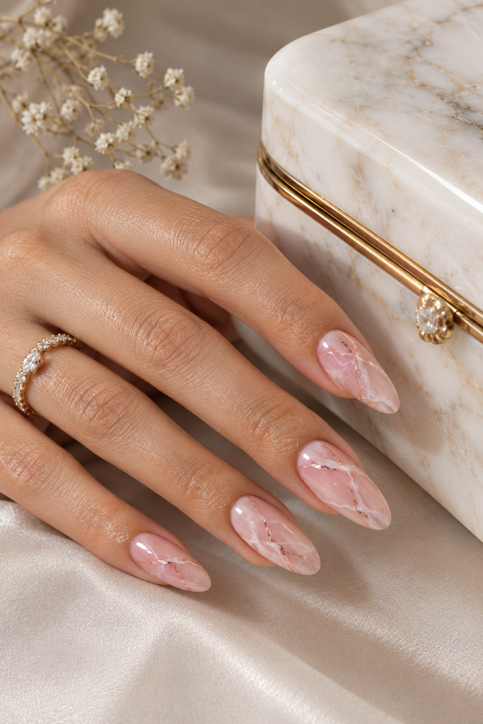 Blush pink oval nails with milky-white marble veins and rose-gold lines.