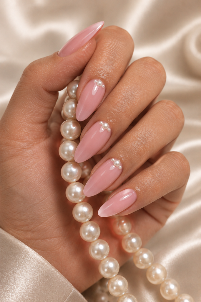  Translucent blush pink almond nails with small pearl accents near the cuticles.