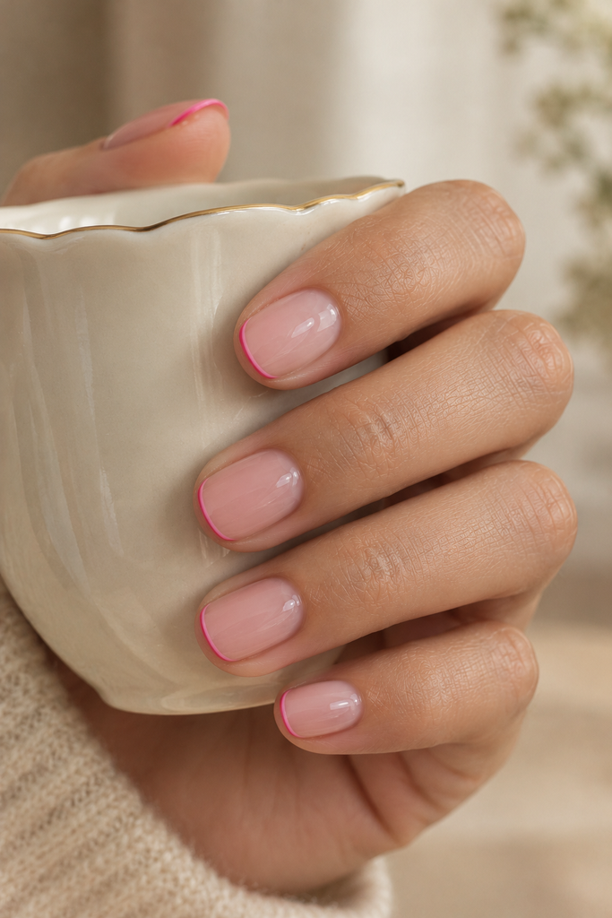 Short squoval nails with sheer pink bases and thin hot-pink French tips.