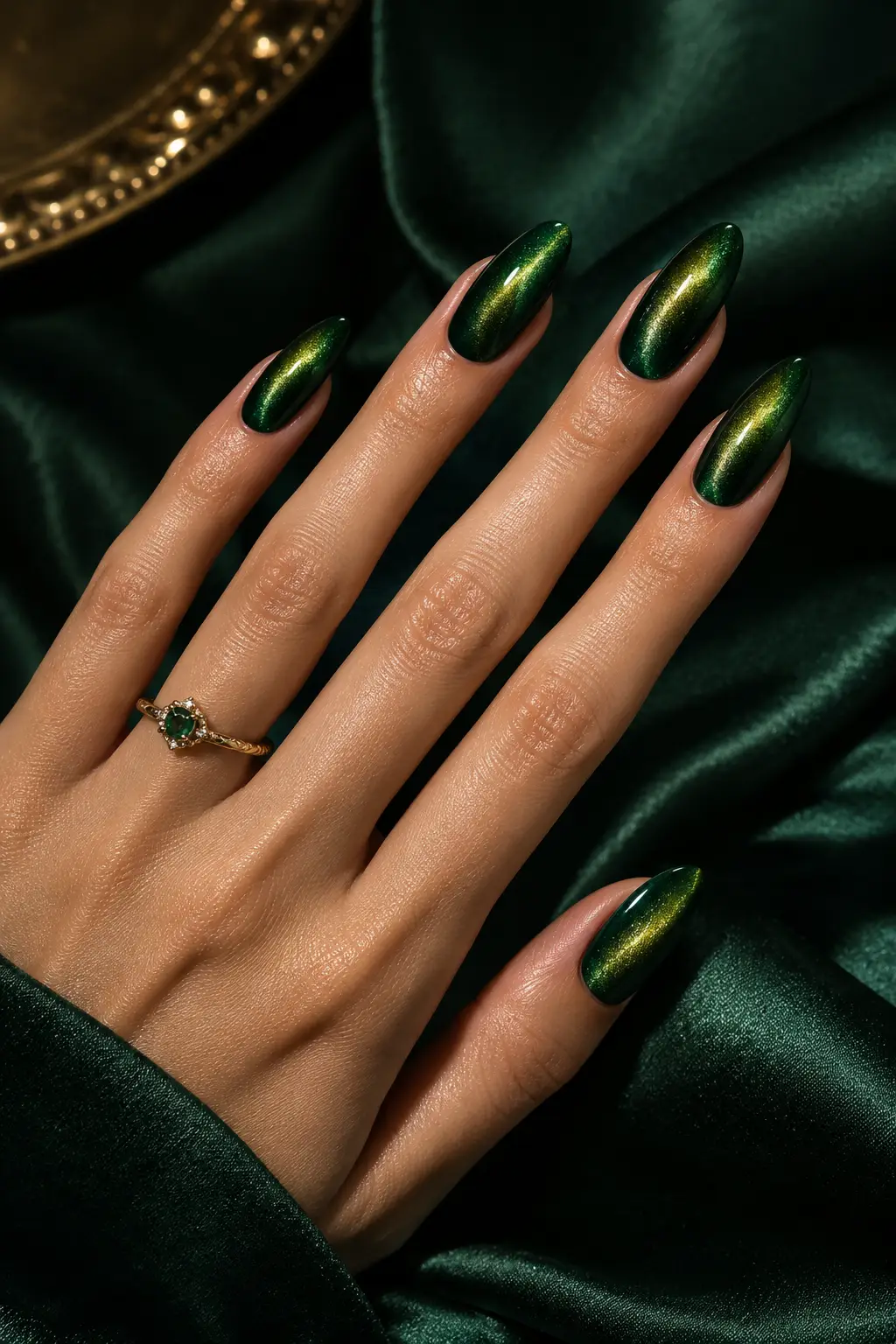 Emerald green cat eye nails with glowing gold-green magnetic shimmer