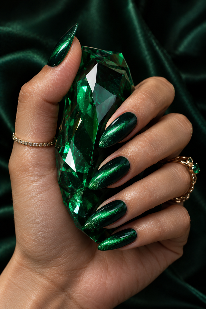 Emerald green magnetic cat eye acrylic nails holding a faceted green crystal.