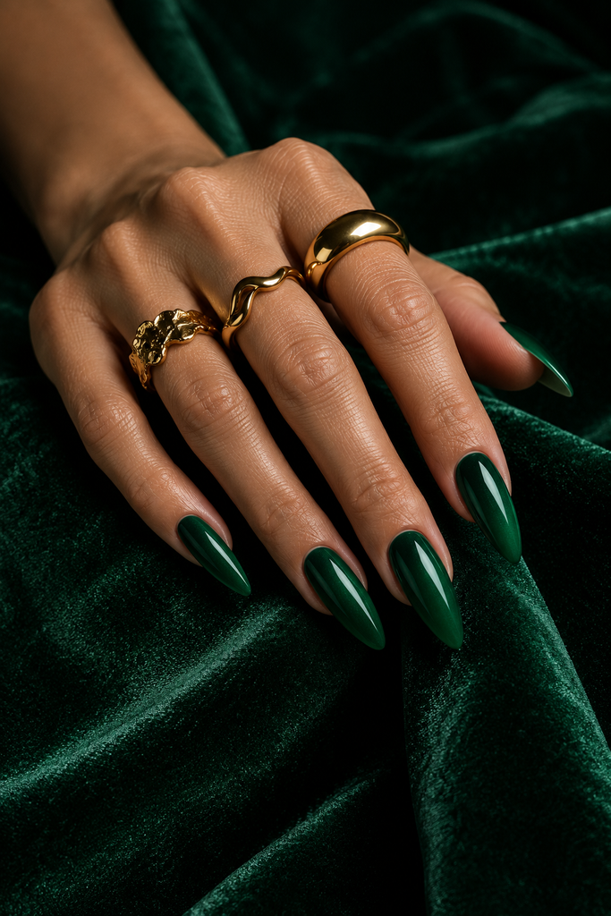 Deep emerald green almond acrylic nails resting on green velvet.