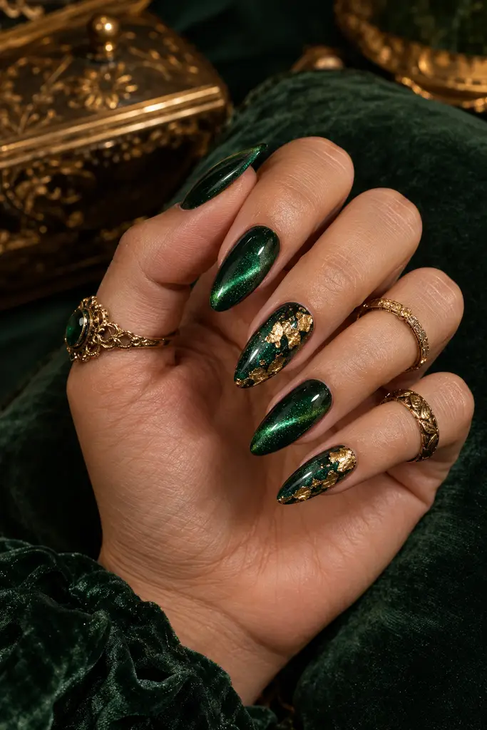 Emerald green cat eye nails decorated with delicate gold foil