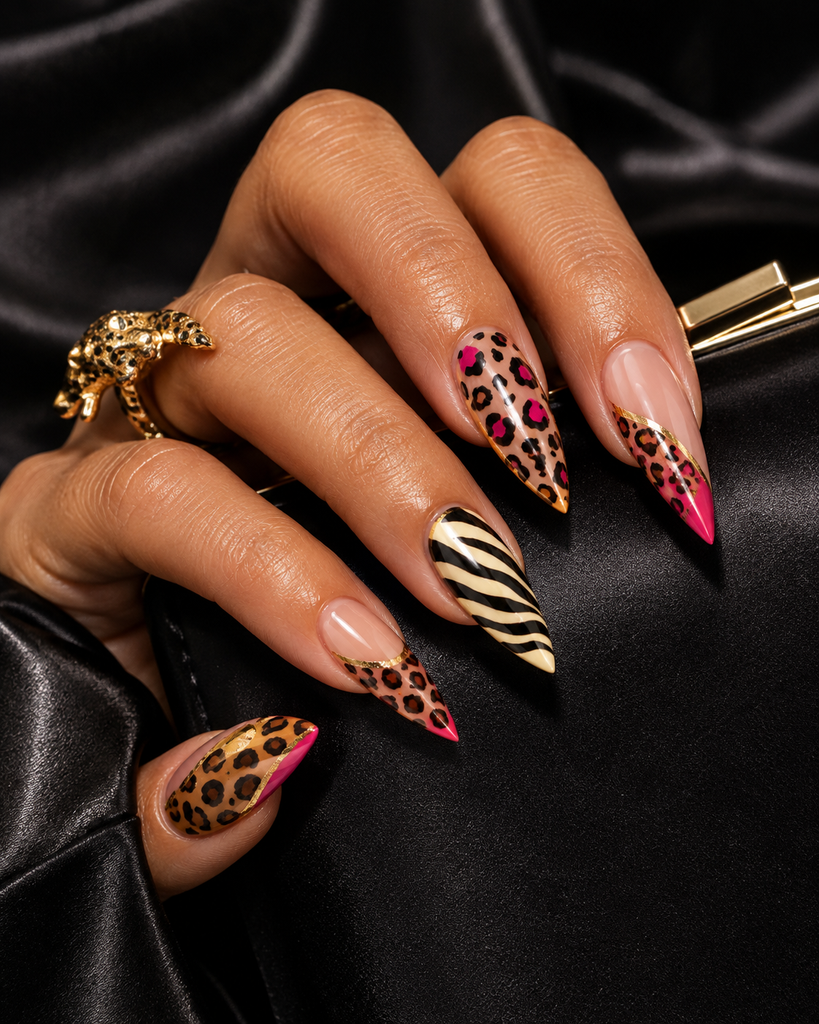 Bold birthday nail art featuring contrasting animal-print patterns