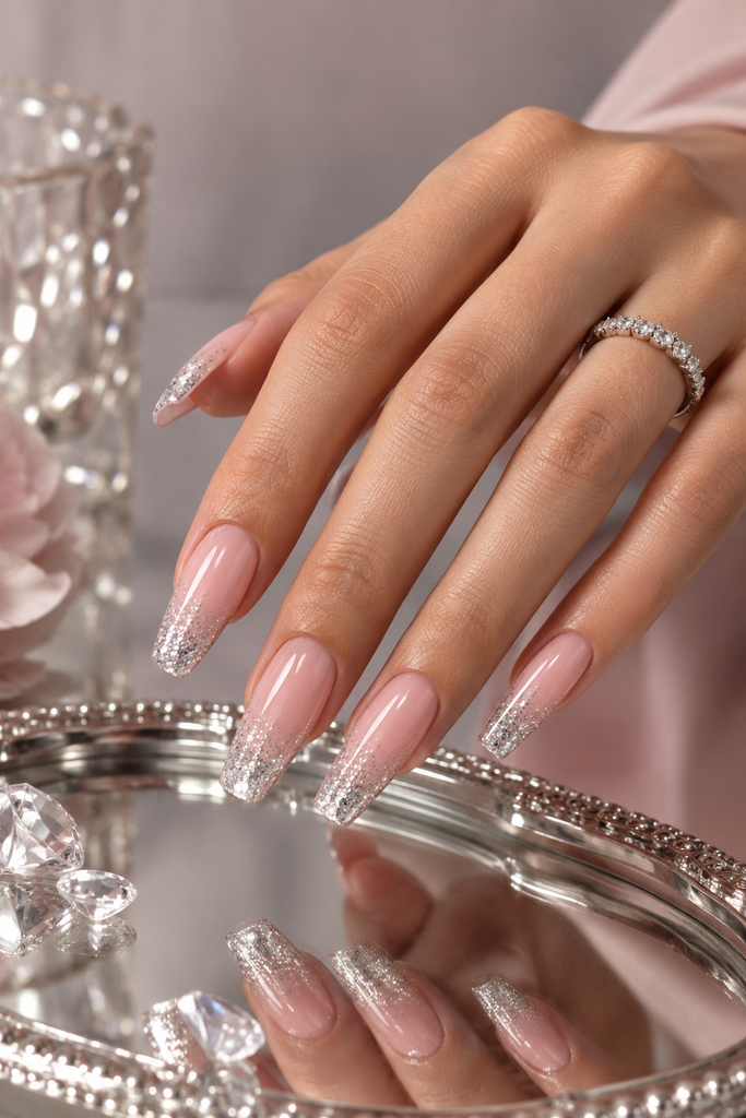 Long pink tapered-square nails with silver glitter concentrated at the tips.