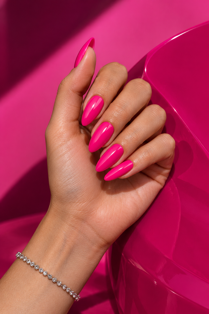 Long almond nails painted vibrant glossy hot pink.