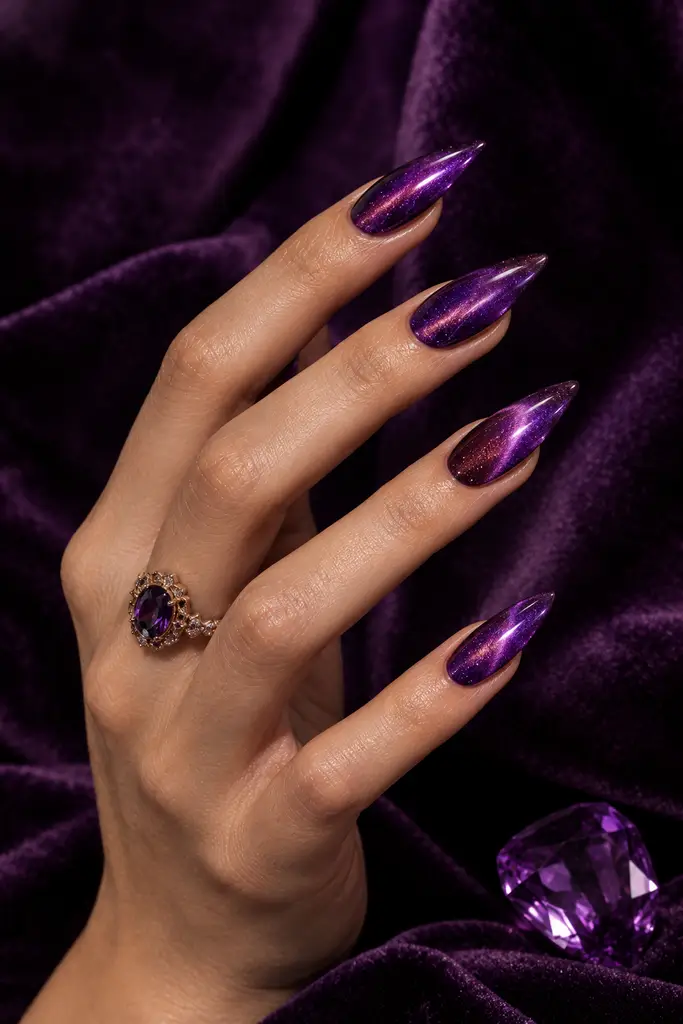 Amethyst purple cat eye nails with vivid violet magnetic shimmer