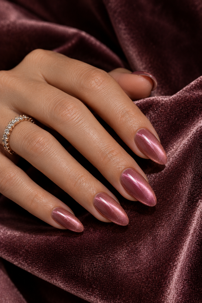 Rose-pink magnetic cat-eye nails with luminous diagonal bands.