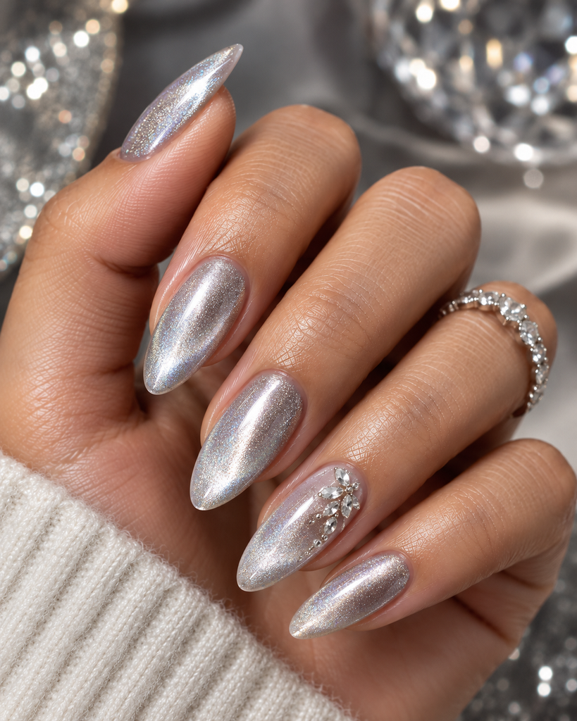 Silver velvet birthday nails with a shimmering magnetic finish