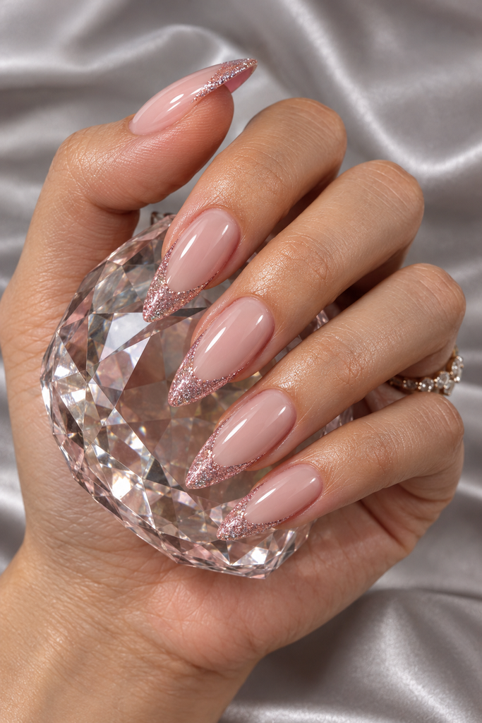 Long almond nails with sheer blush bases and rose-pink glitter French tips.