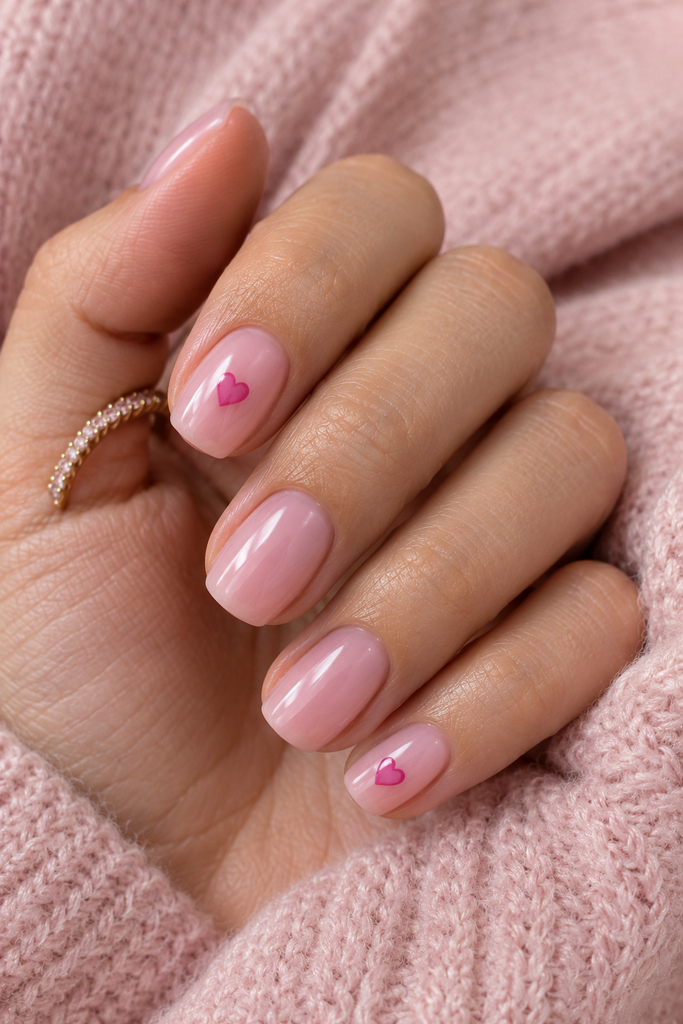 Short pink squoval nails with small cherry-pink heart designs.