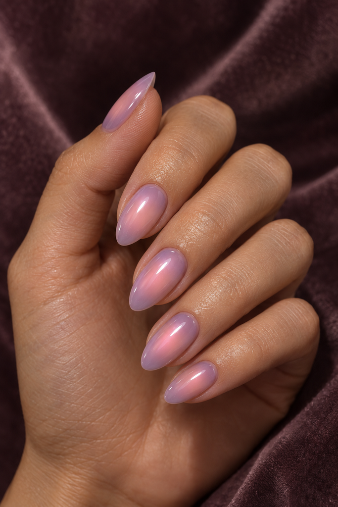 Almond nails featuring a soft lavender and pink aura gradient.