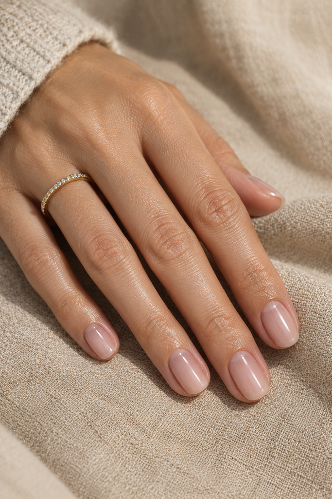 Short squoval nails painted in glossy rosy-beige nude polish.