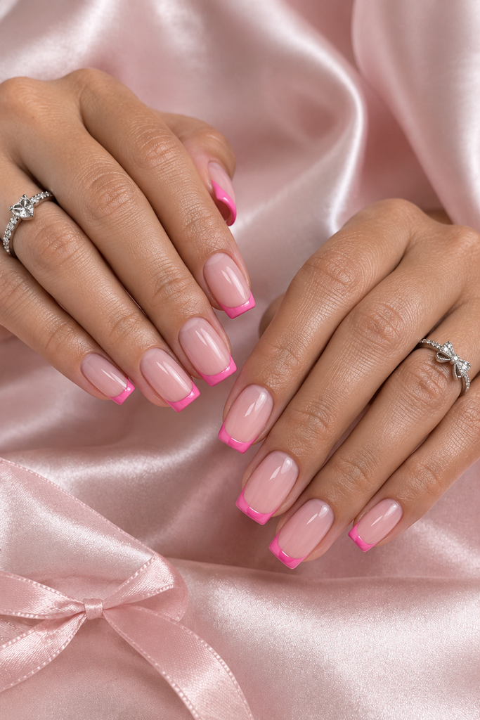  Square nails with sheer pink bases and bright hot pink French tips.