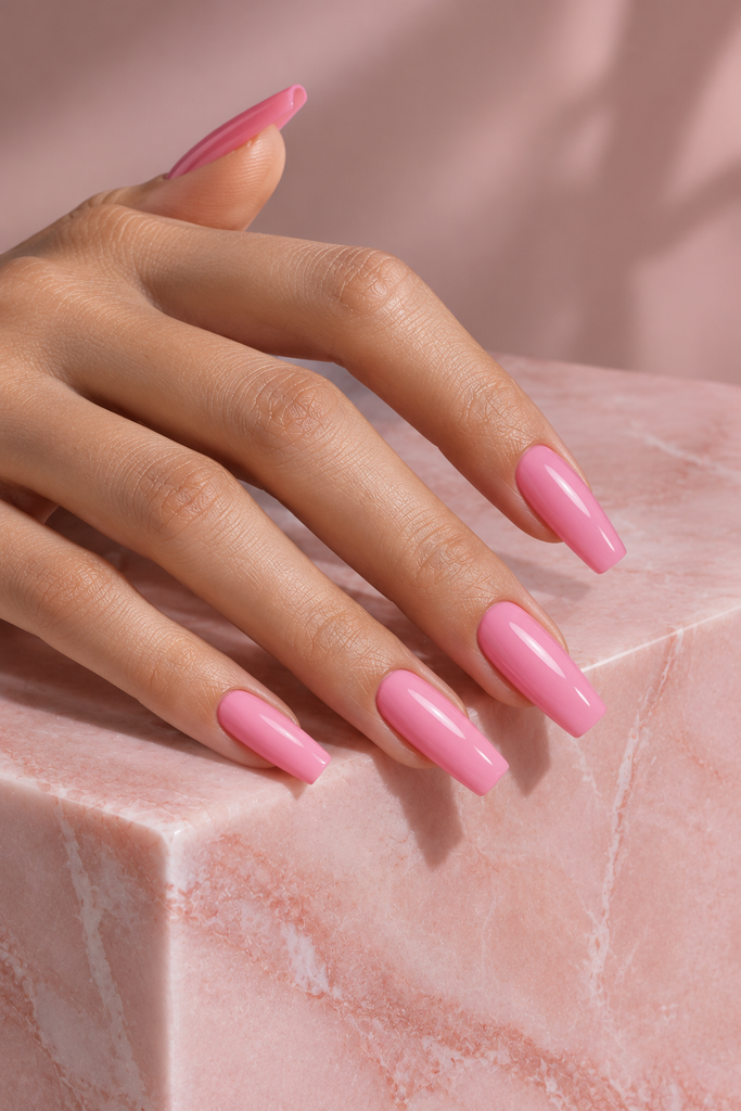 Long coffin-shaped nails painted saturated glossy bubblegum pink.