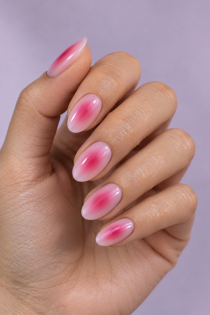 Oval pink nails with pale bases and diffused hot-pink aura centers