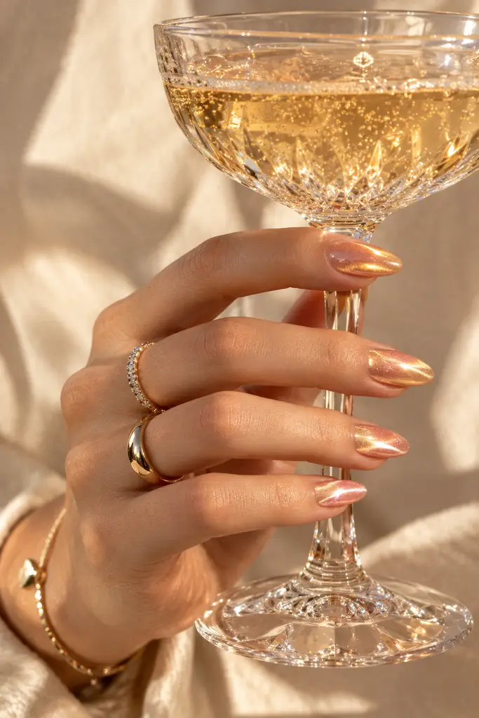 Peach champagne cat eye nails with warm golden magnetic highlights