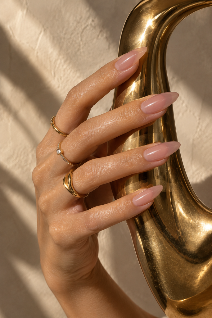 Long almond-shaped acrylic nails in glossy rose nude displayed against ivory fabric.
