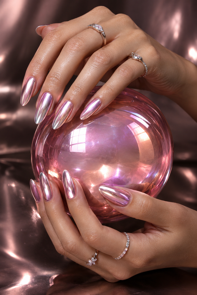 Reflective pink chrome almond acrylic nails posed around an iridescent glass sphere.