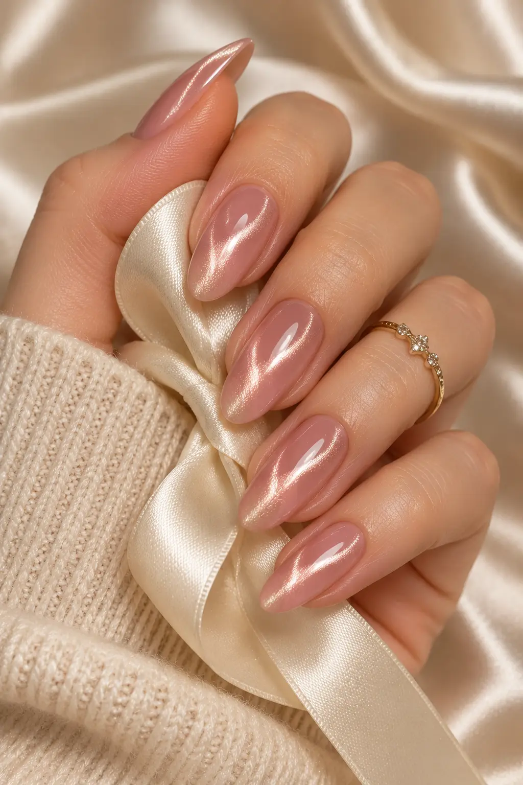 Nude pink cat eye nails with soft rose-gold magnetic highlights