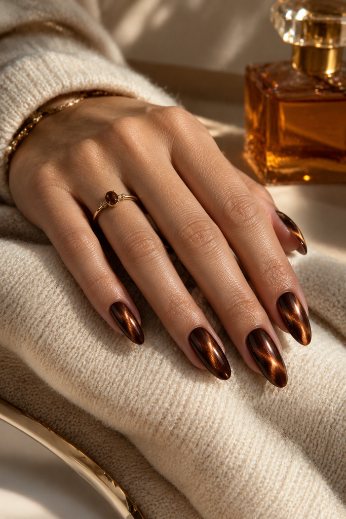 Chocolate brown cat eye nails with molten bronze magnetic highlights
