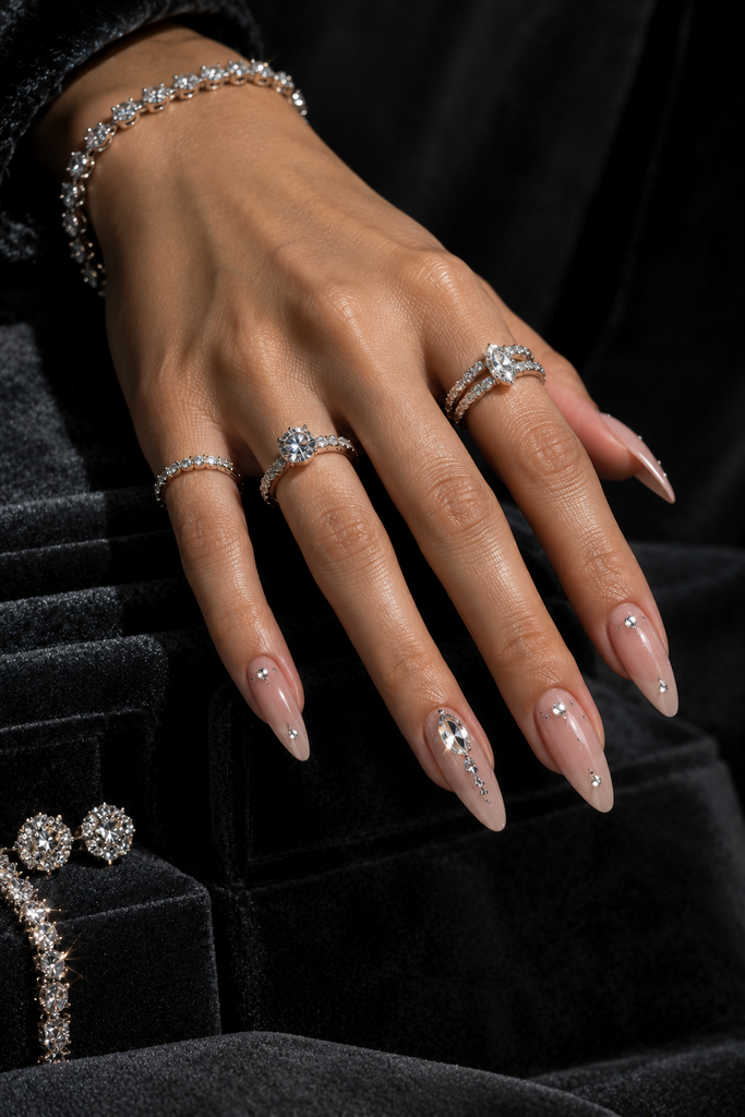 Nude pink almond acrylic nails decorated with clear crystals and diamond rings.